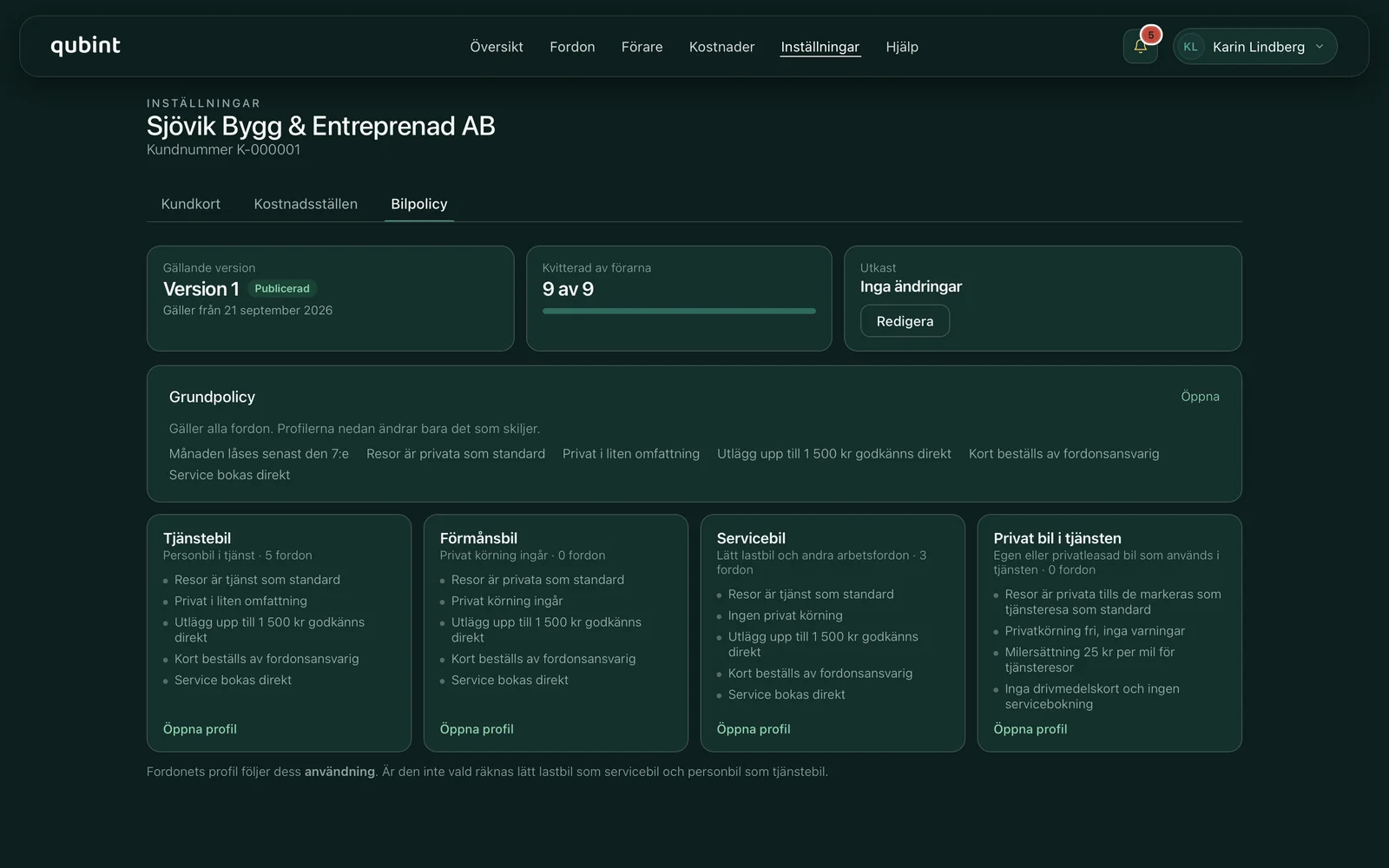 Bilpolicyn i kundportalen, kvitterad av alla förare: grundpolicy och profiler för tjänstebil, förmånsbil, servicebil och privat bil