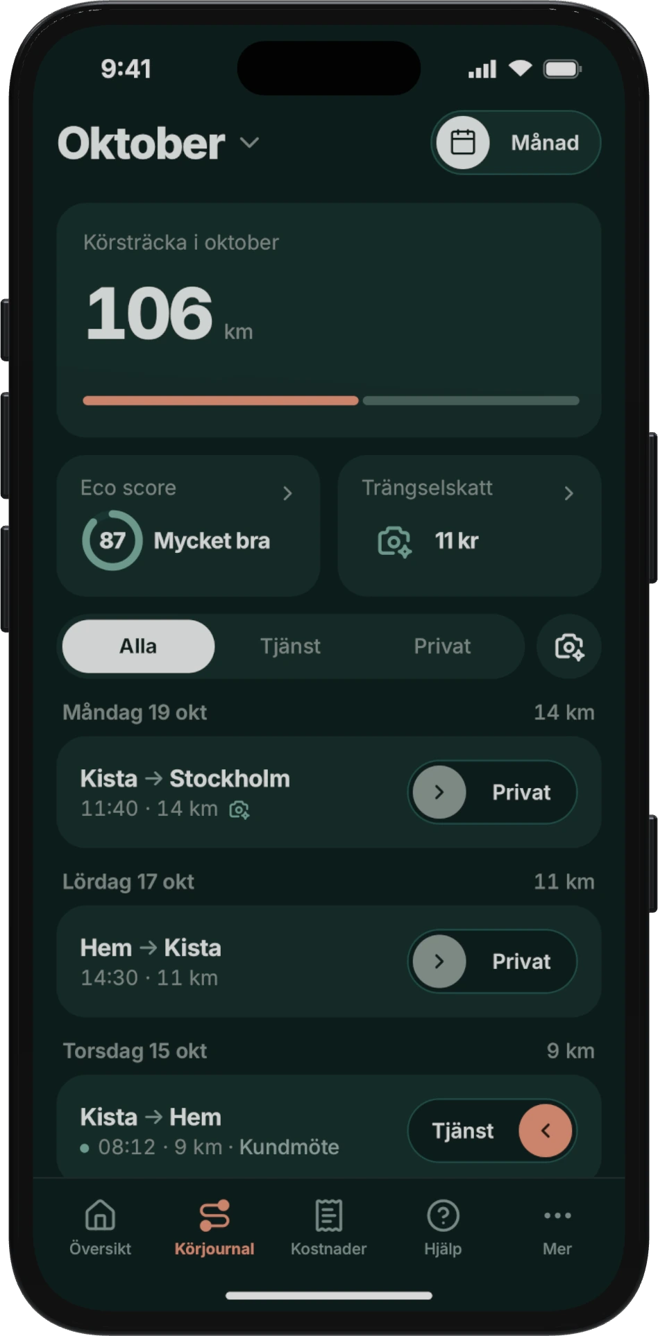 Körjournalen i appen: oktobers körsträcka, trängselskatten och resorna som tjänst eller privat