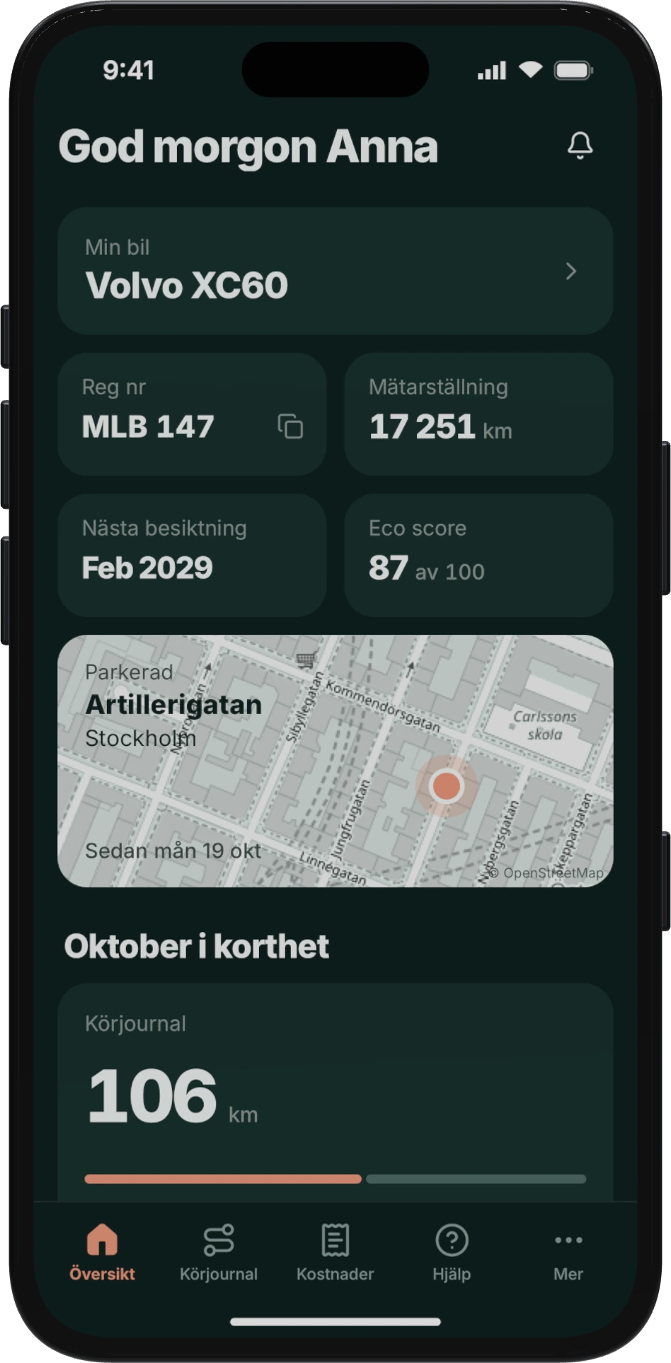 Förarens översikt i Qubint-appen: bilen, mätarställningen och var bilen står parkerad