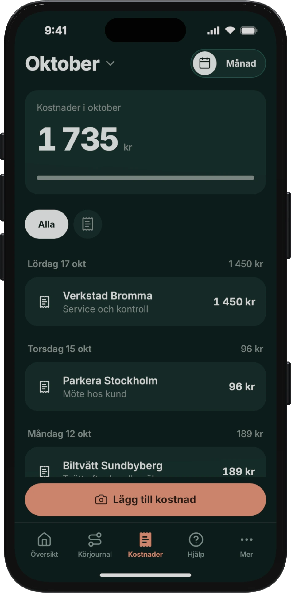 Kostnaderna för bilen i oktober, med Lägg till kostnad
